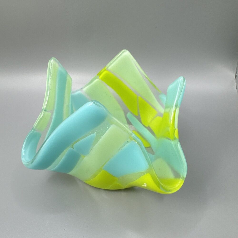 Fused ART Glass HANDKERCHIEF Votive Tea Candle Holder 3.5x3.5โ Blue Yellow